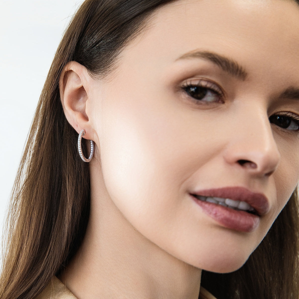 Model wearing CZ Hoop Earrings in Gold Flashed Sterling Silver 0.9-1 inch, 2 Pairs, 2-Pair Set, 0.9 inch