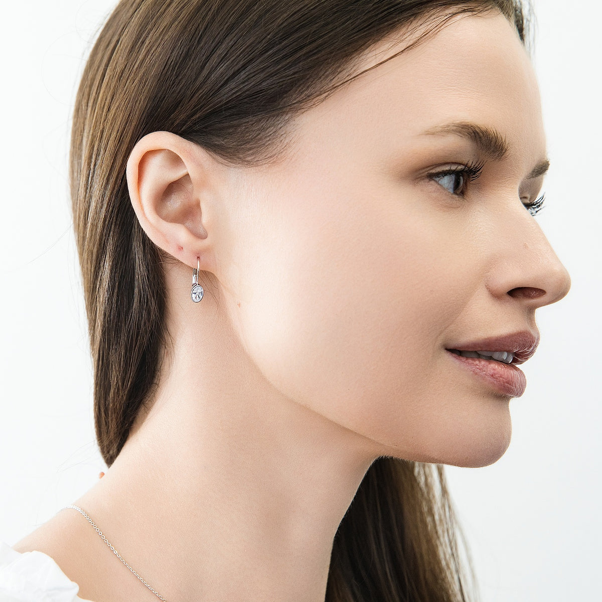 Model Wearing Solitaire Drop Dangle Earrings Style E1922-01