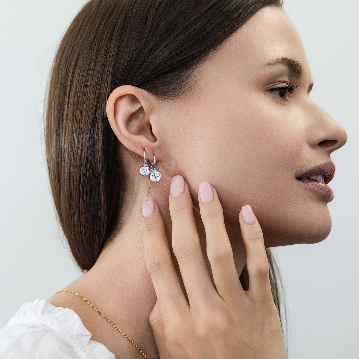 Model Wearing Style E1248-03, Solitaire Dangle Earrings Style E1248-01