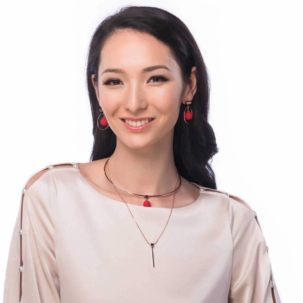 Model wearing Bar Ball Bead Layered Choker, Rose Gold-Tone