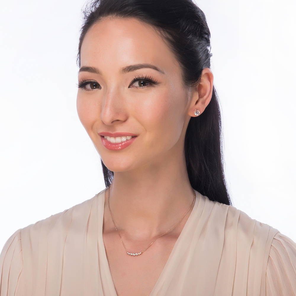 Model wearing Graduated Bubble Bar CZ Necklace in Sterling Silver, Rose Gold Flashed