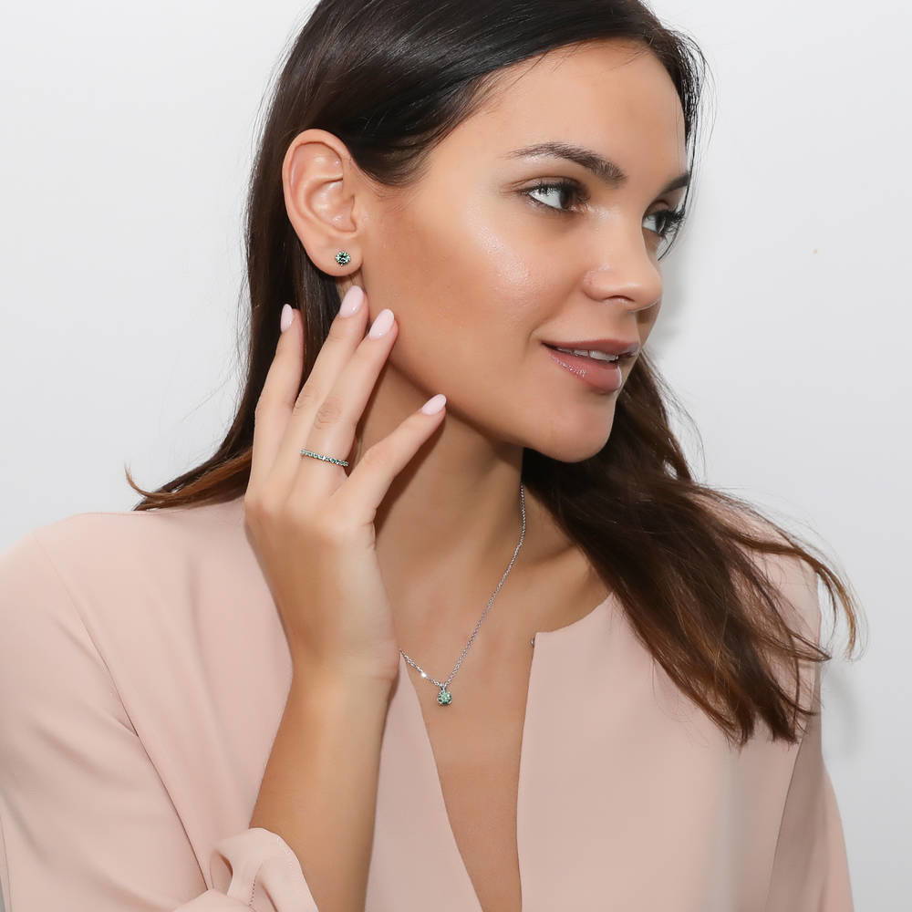 Model wearing Solitaire CZ Necklace in Sterling Silver, Round Cut / Green