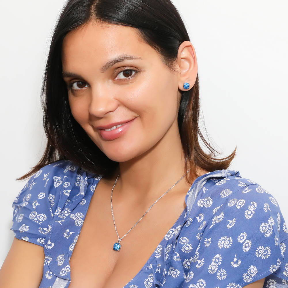 Model wearing Square CZ Pendant Necklace in Sterling Silver, Black Color