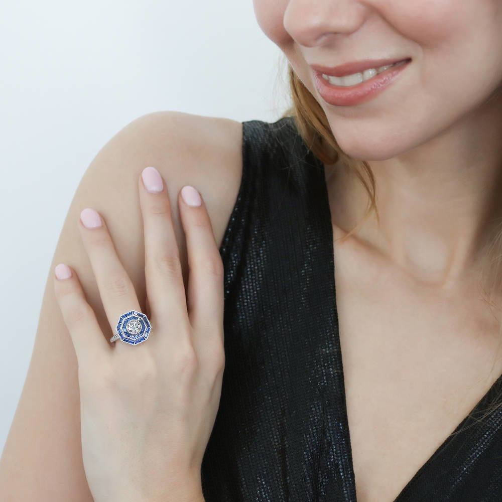 Model wearing Halo Art Deco Round CZ Statement Ring in Sterling Silver, 2 of 12
