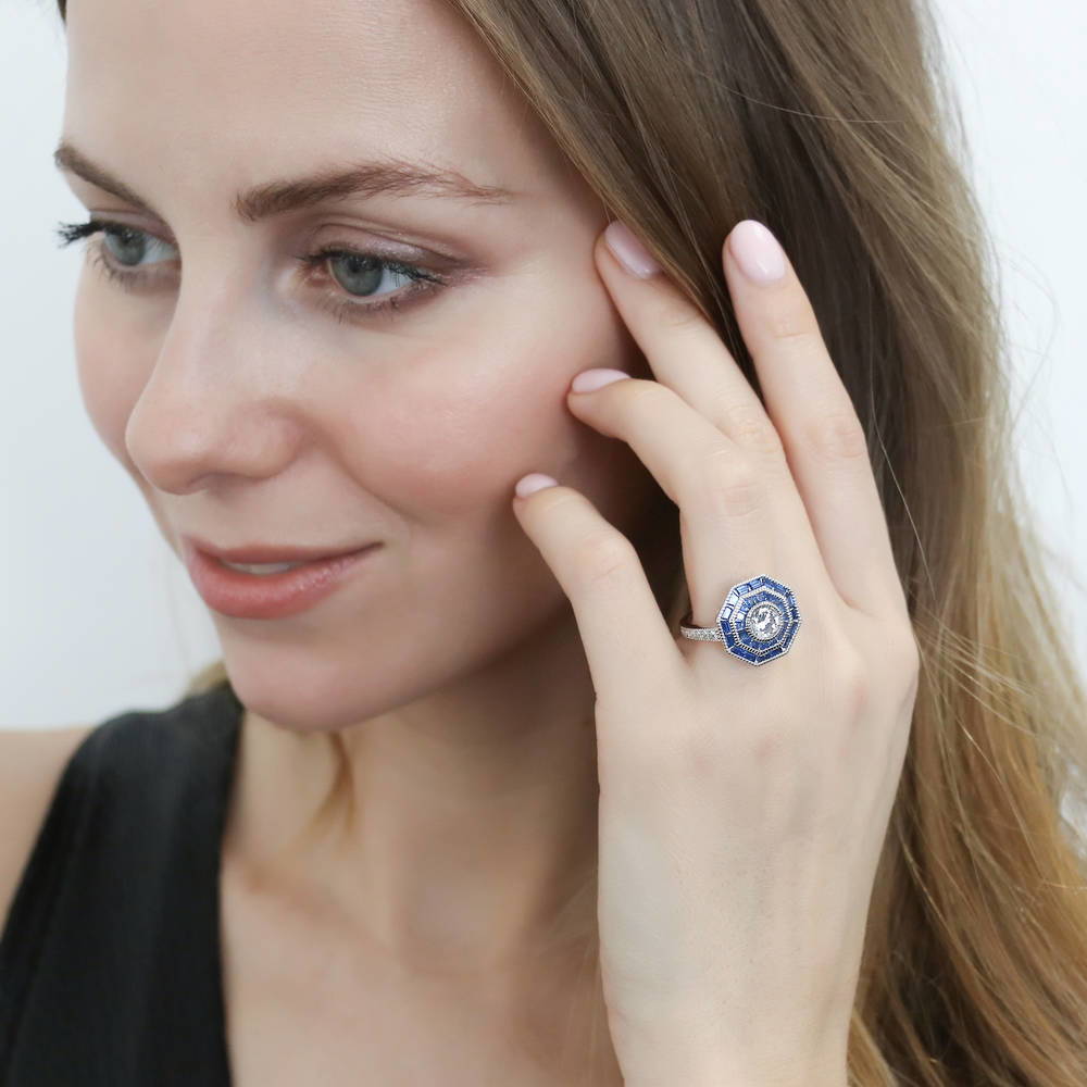 Model wearing Halo Art Deco Round CZ Statement Ring in Sterling Silver, 7 of 12