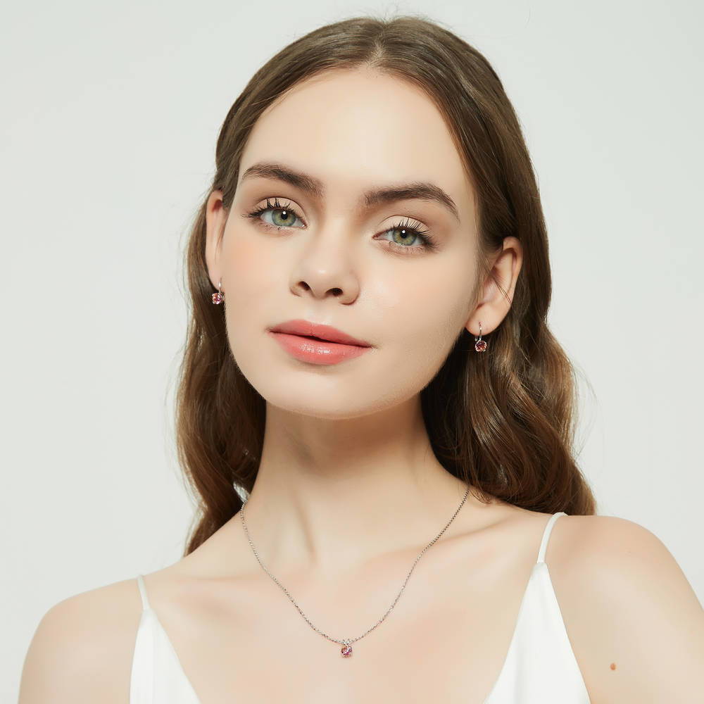 Model Wearing Kaleidoscope Dangle Earrings, Kaleidoscope Pendant Necklace