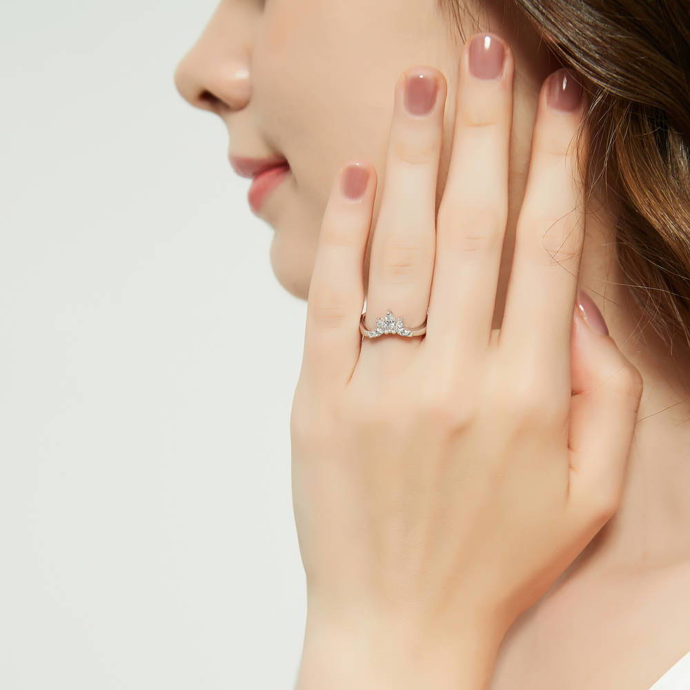 Model wearing 3-Stone 7-Stone Round CZ Ring Set in Sterling Silver