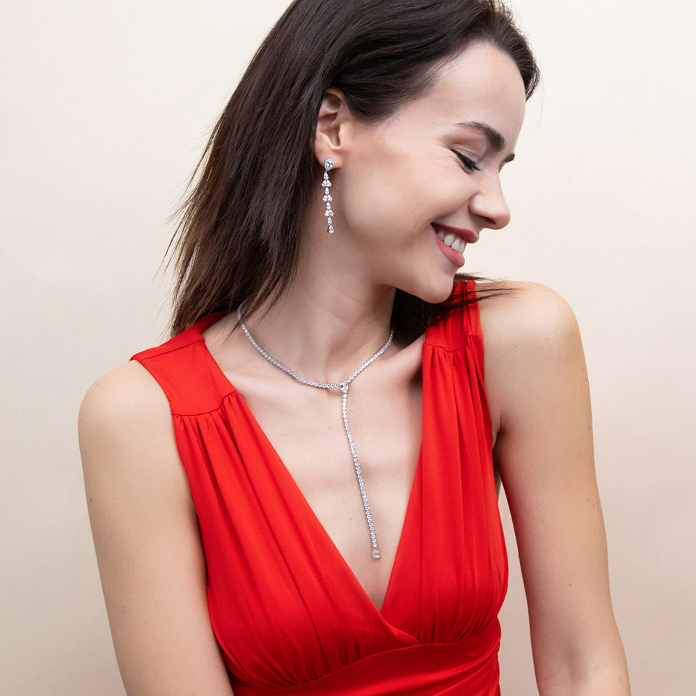 Model wearing CZ Lariat Necklace in Sterling Silver