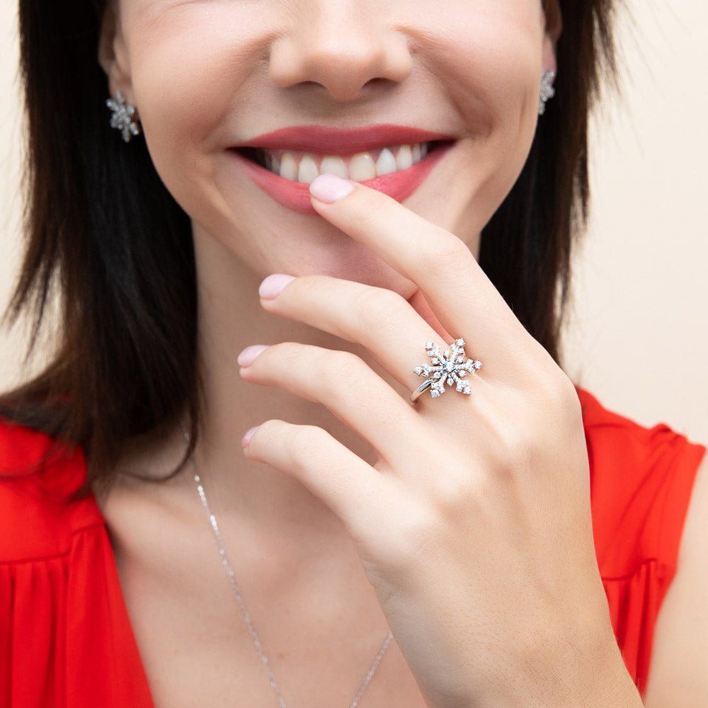 Model wearing Snowflake CZ Ring in Sterling Silver