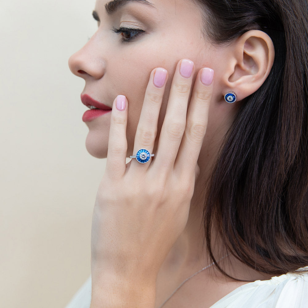 Model wearing Halo Art Deco Round CZ Ring in Sterling Silver, 6 of 10