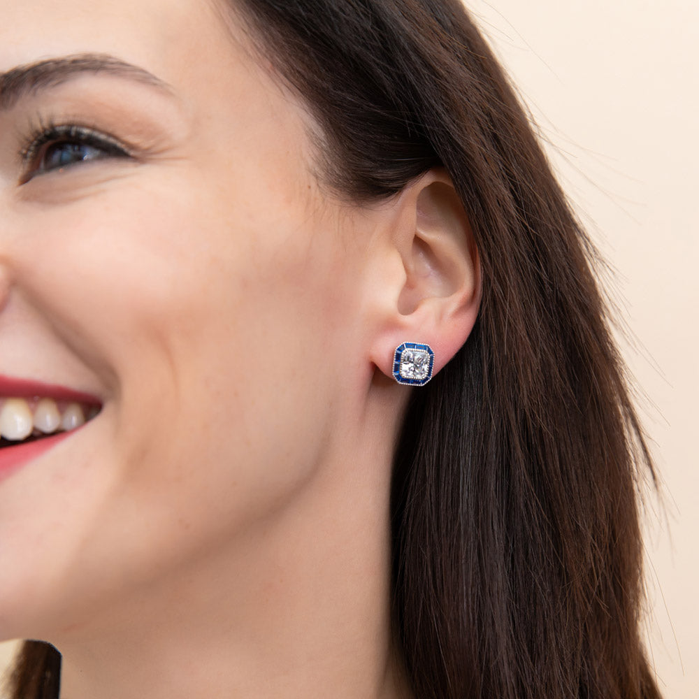 Halo Art Deco Milgrain CZ Stud Earrings in Sterling Silver