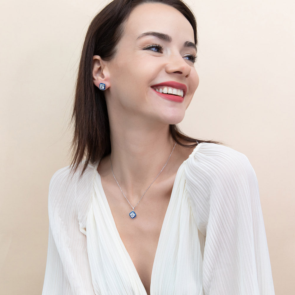 Model wearing Halo Art Deco Princess CZ Pendant Necklace in Sterling Silver