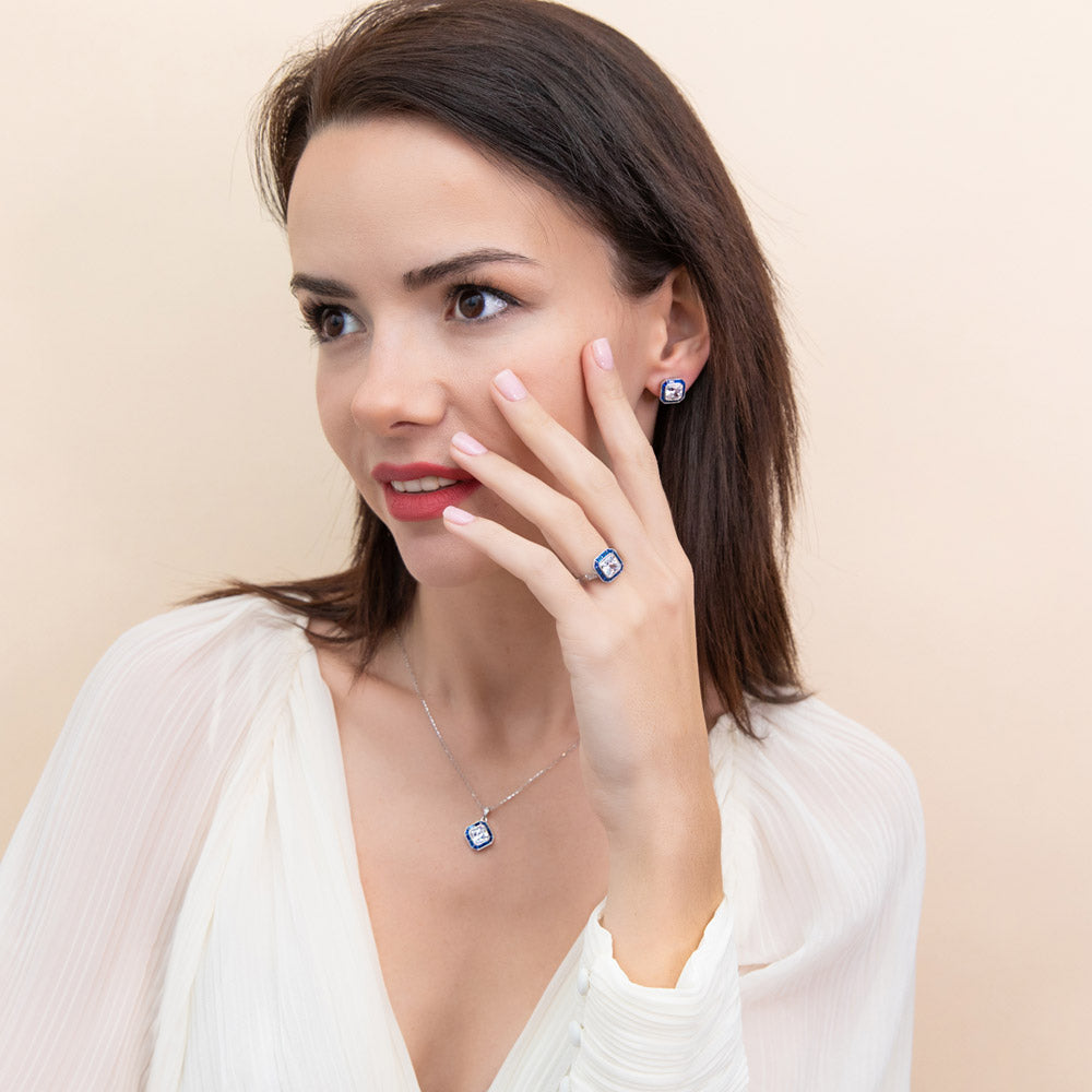 Model wearing Halo Art Deco Princess CZ Necklace and Earrings Set in Sterling Silver
