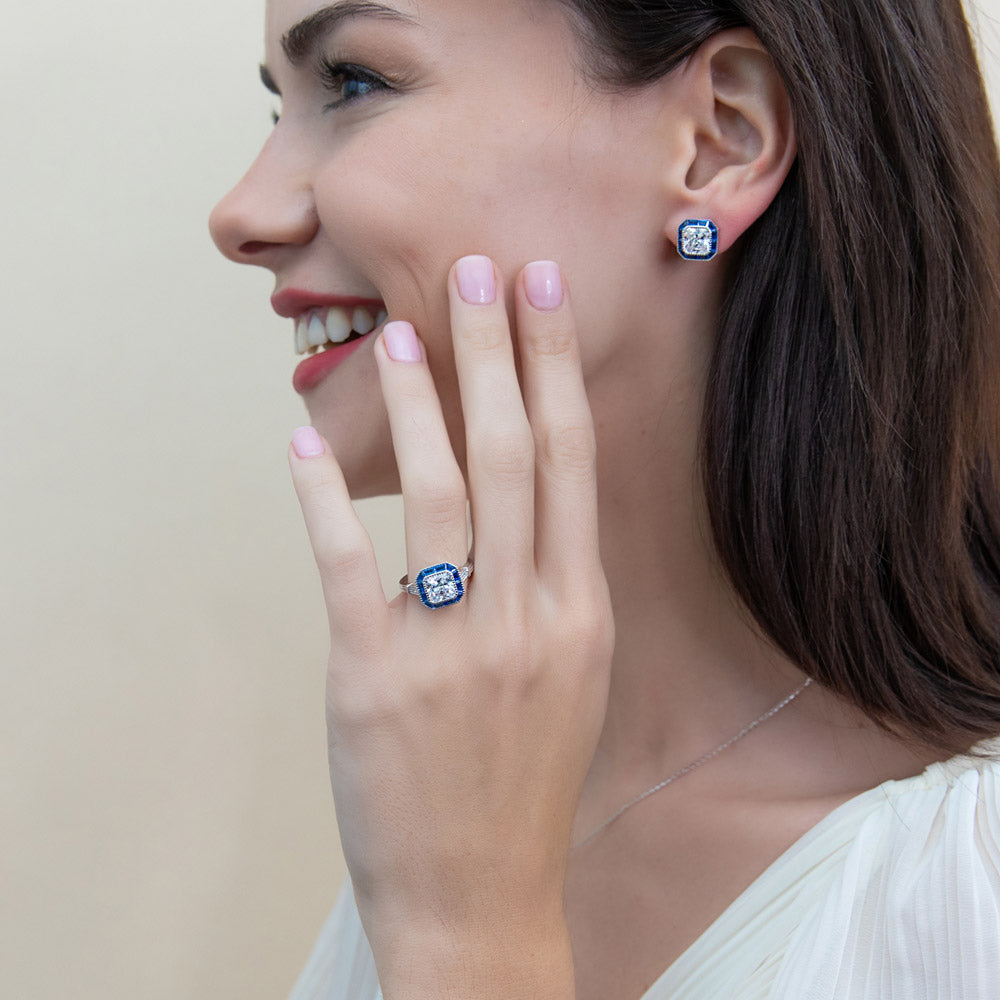 Model wearing Halo Art Deco Princess CZ Ring in Sterling Silver, 7 of 11