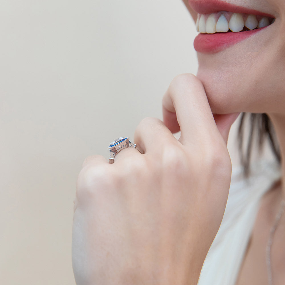 Model wearing Halo Art Deco Princess CZ Ring in Sterling Silver, 2 of 11