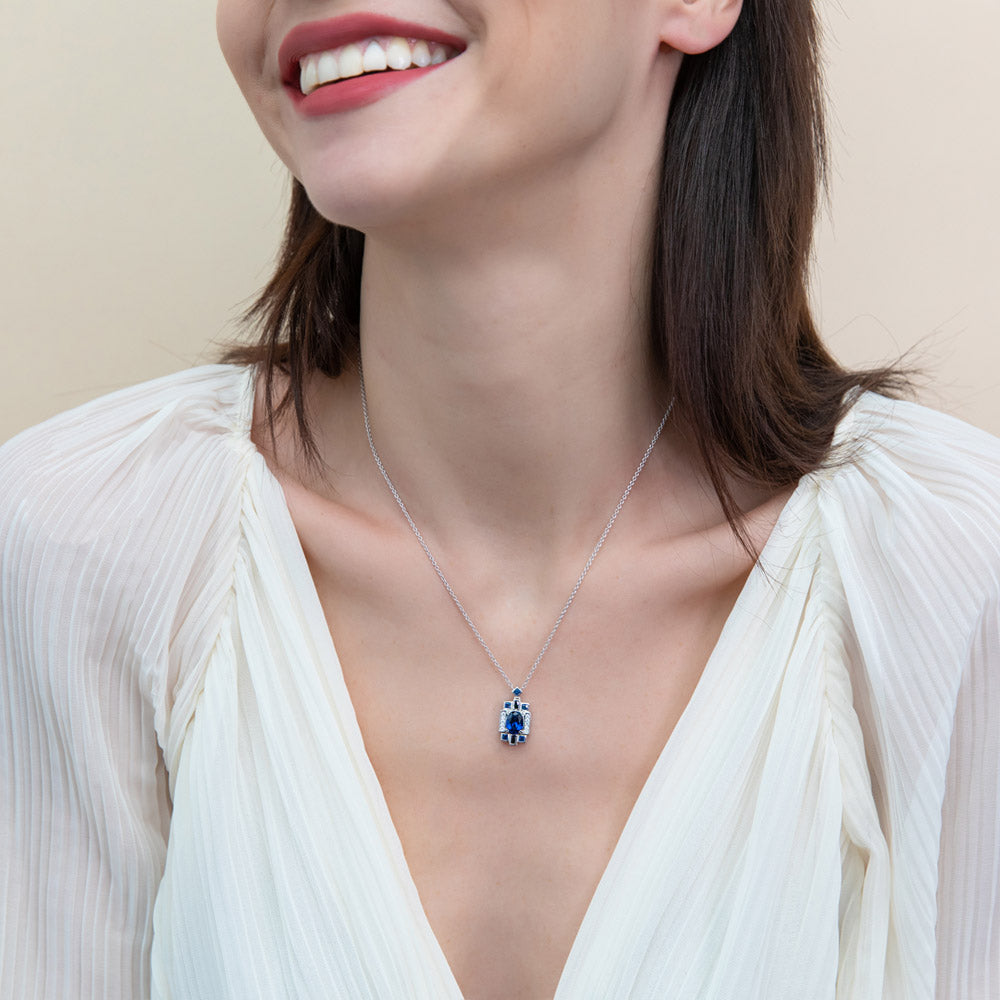 Art Deco Sapphire-Blue CZ Necklace in Sterling Silver