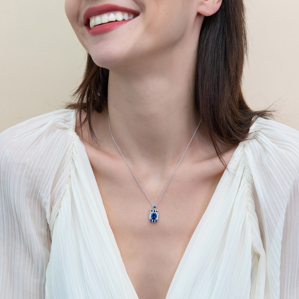 Model wearing Vintage Style Simulated Blue Sapphire CZ Set in Sterling Silver