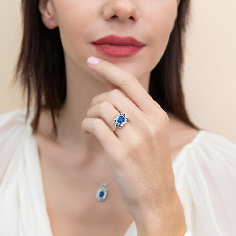Art Deco Sapphire-Blue CZ Ring in Sterling Silver