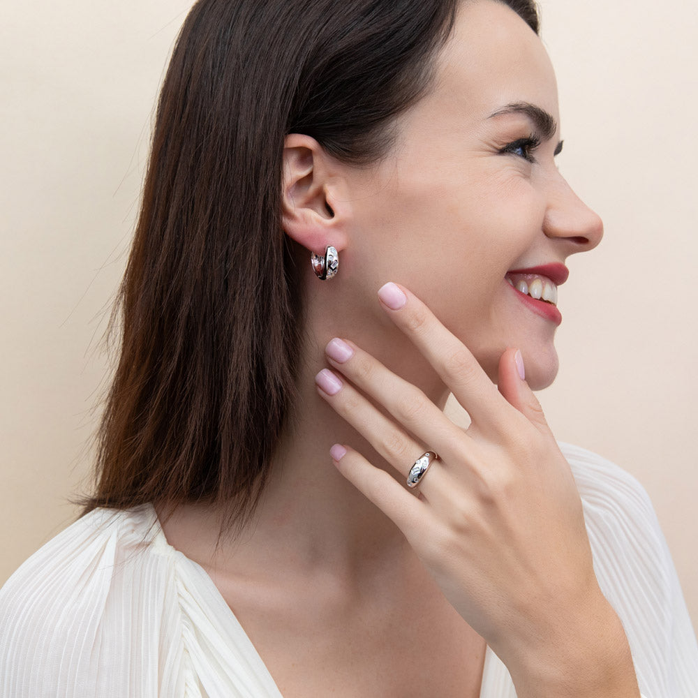 Dome CZ Small Hoop Earrings in Sterling Silver 0.8"