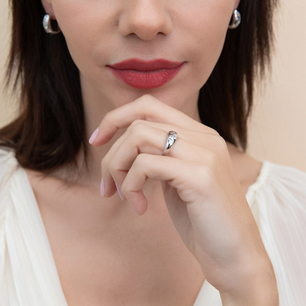 Model wearing Dome CZ Stackable Band in Sterling Silver