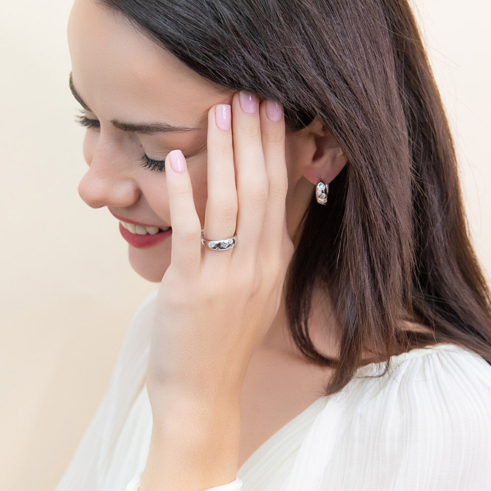 Model wearing Dome CZ Stackable Band in Sterling Silver