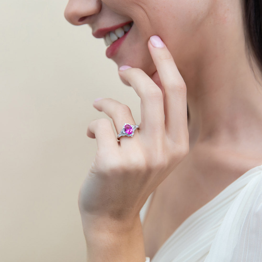 Model wearing Halo Art Deco Pink Oval CZ Ring in Sterling Silver