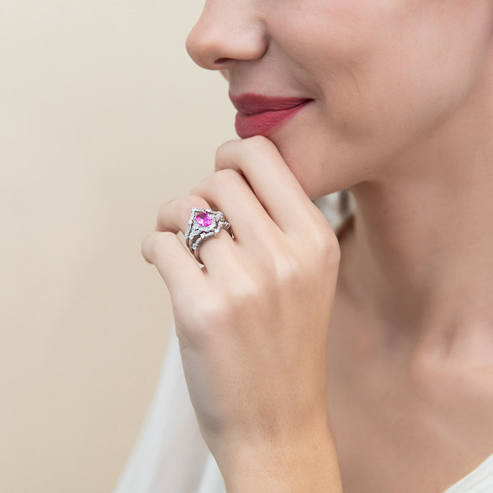 Halo Art Deco Pink Oval CZ Ring in Sterling Silver