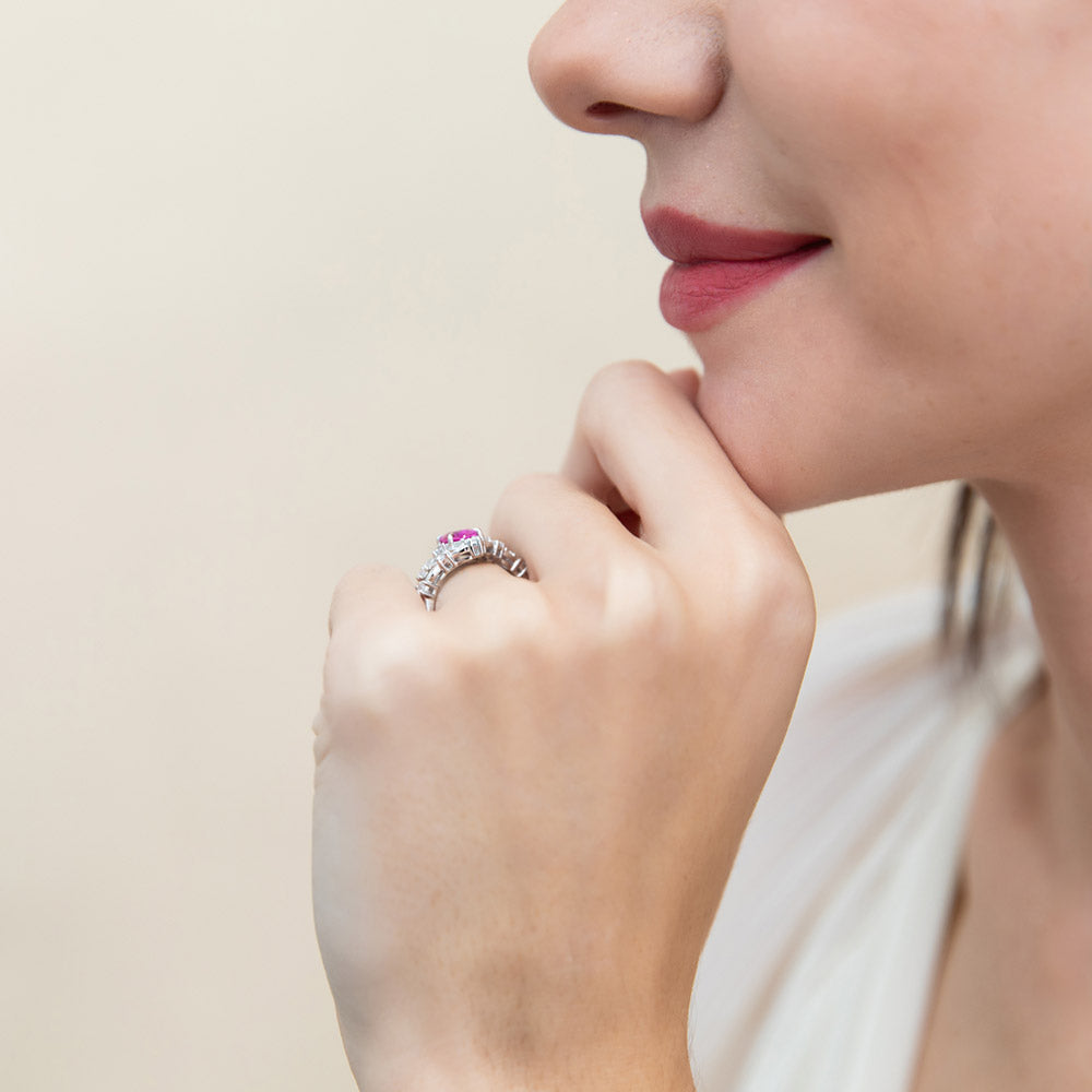 Model wearing Chevron Halo Pink CZ Ring Set in Sterling Silver