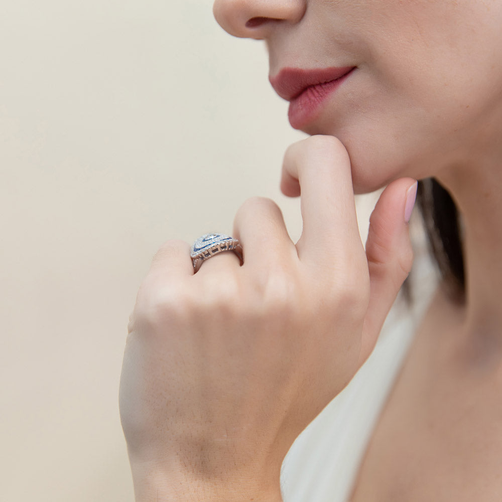 Model wearing Art Deco Milgrain CZ Statement Ring in Sterling Silver