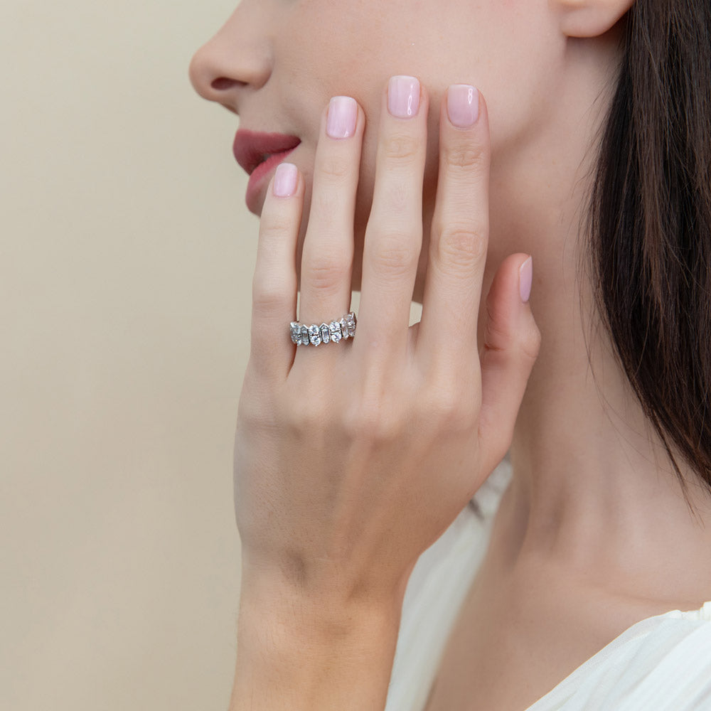 Model wearing Cluster Art Deco CZ Stackable Band in Sterling Silver