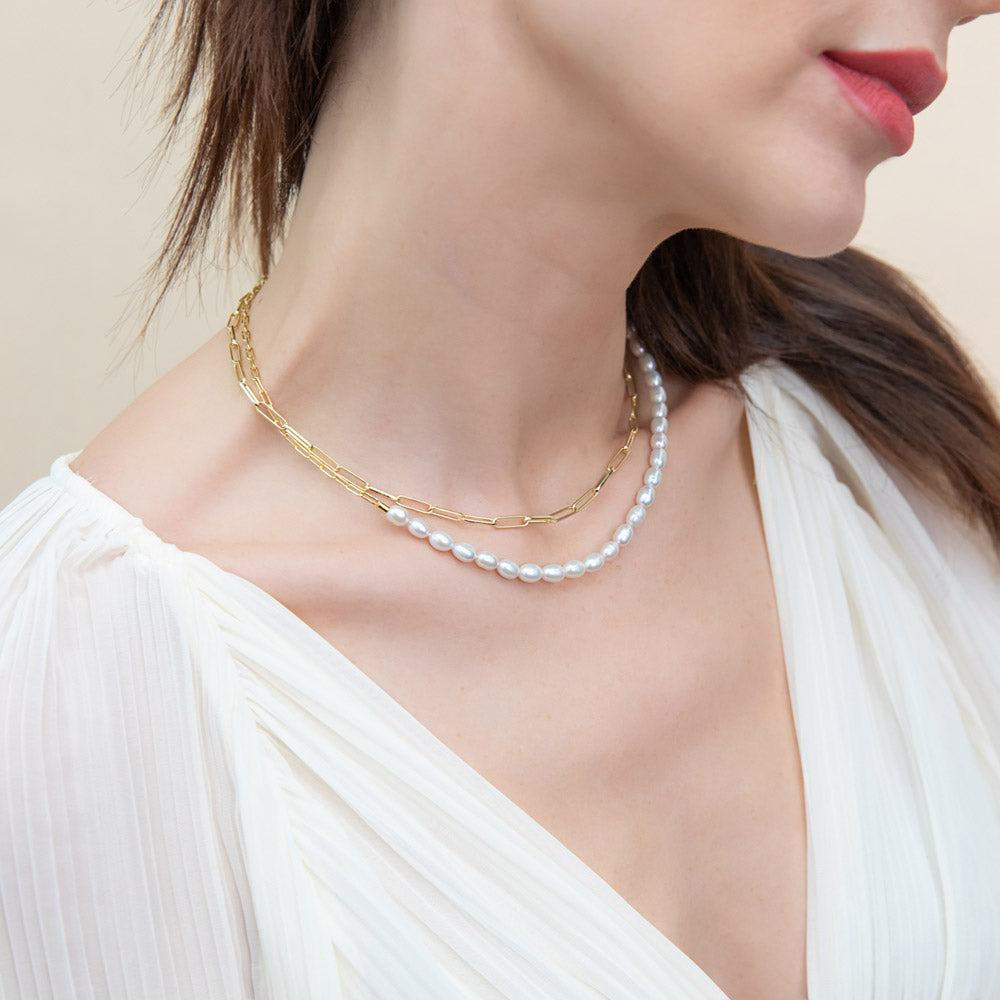 Model wearing Paperclip White Oval Cultured Pearl Chain Necklace in Sterling Silver
