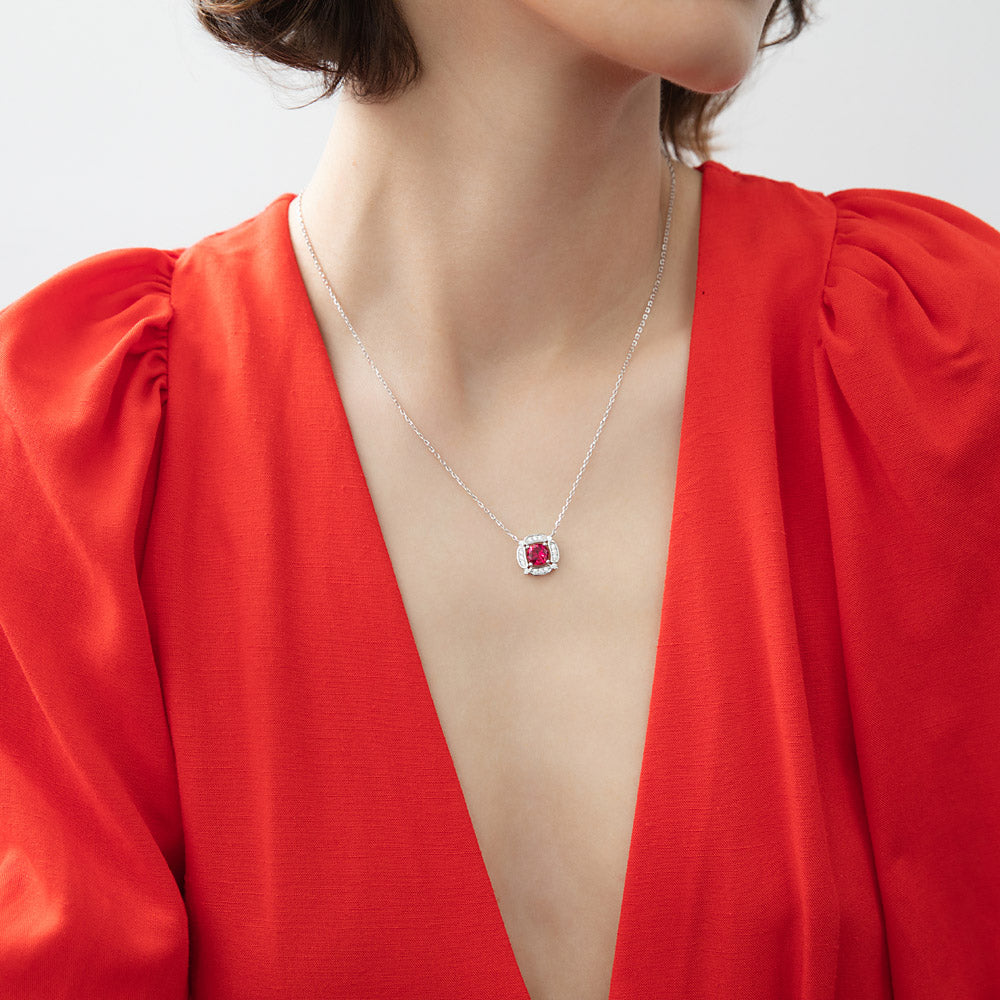 Model wearing Flower Halo CZ Necklace in Sterling Silver, Emerald Color