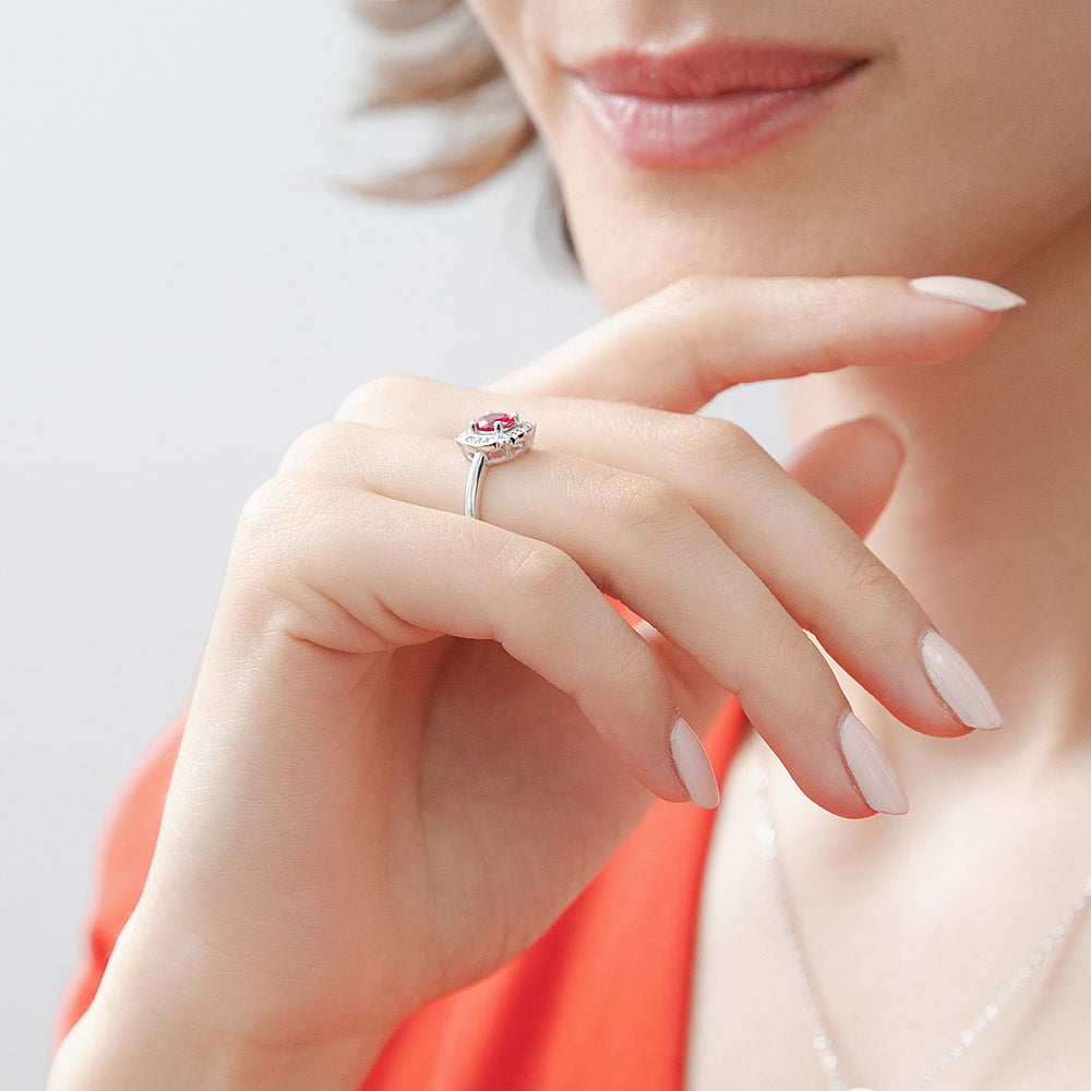 Halo Flower Ruby-Red CZ Ring in Sterling Silver