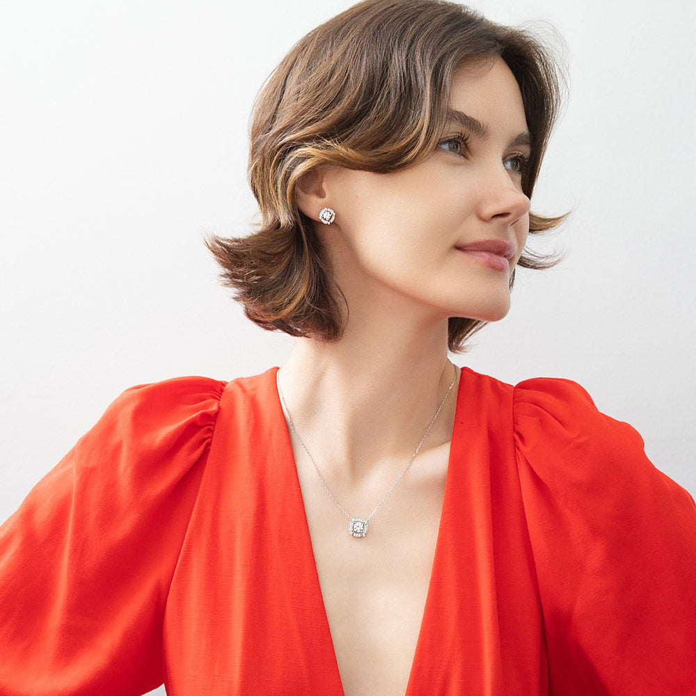 Model wearing Flower Halo CZ Necklace in Sterling Silver, Clear Color