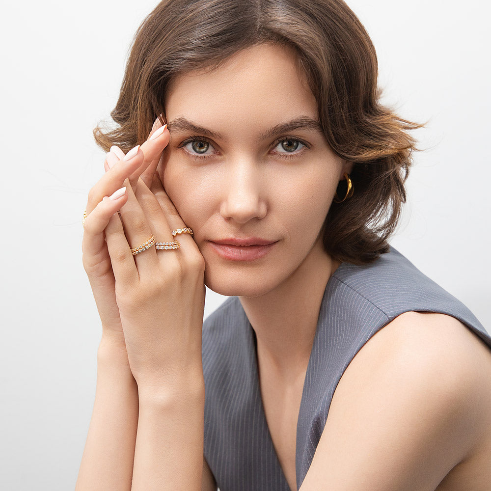 Model Wearing Bubble Eternity Ring, Dome Hoop Earrings, Eternity Ring