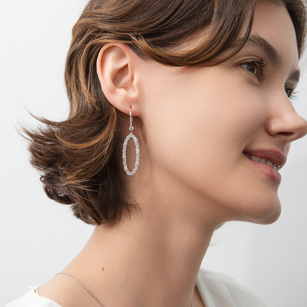 Open Oval CZ Leverback Chandelier Earrings in Sterling Silver