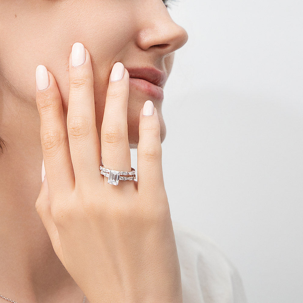 Solitaire Art Deco Emerald Cut CZ Ring Set in Sterling Silver