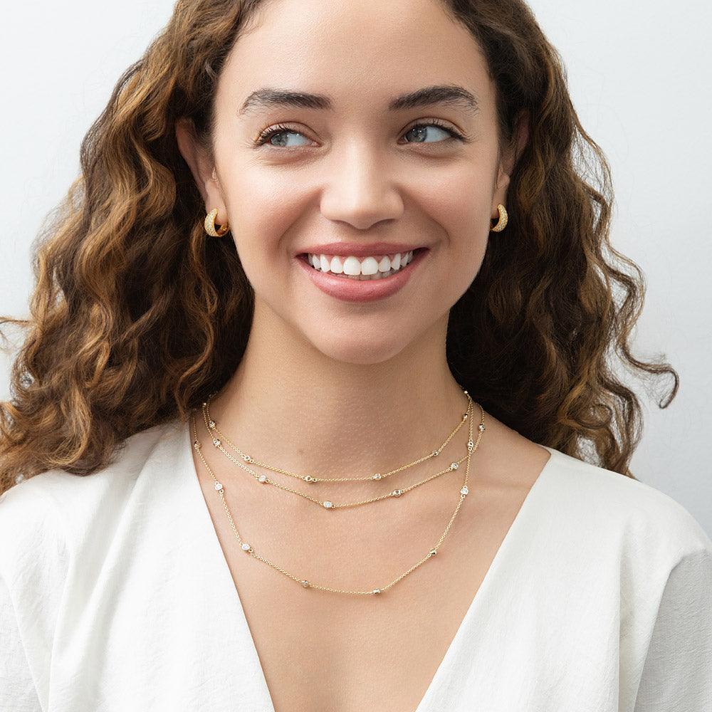 Model wearing Station CZ Station Necklace in Sterling Silver, Yellow Gold Flashed / 16 inch + 2 inch extension