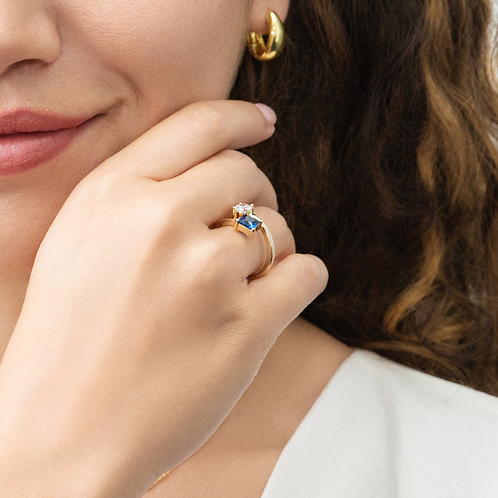 Bypass Blue CZ Ring in Gold Flashed Sterling Silver