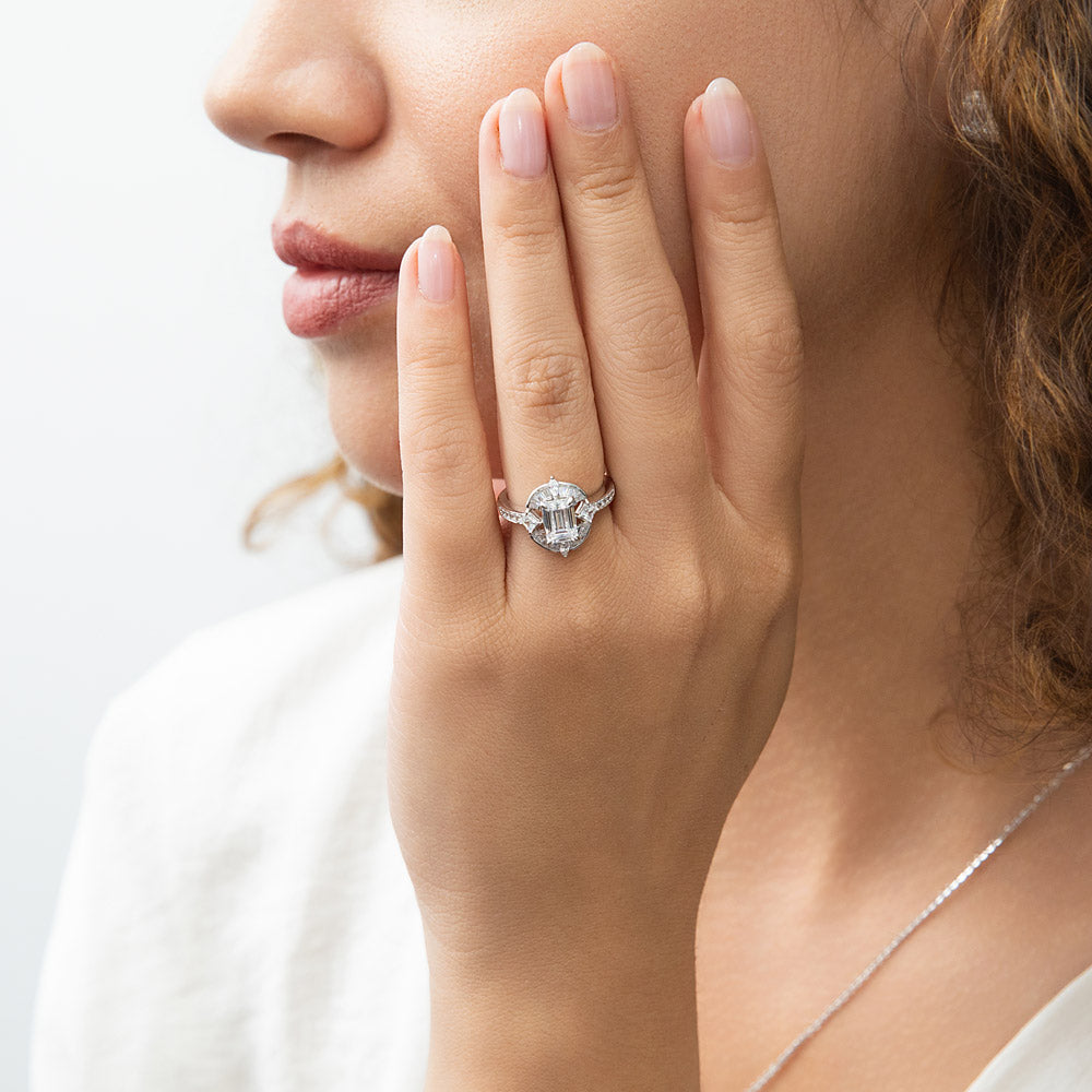 Halo Art Deco Emerald Cut CZ Ring in Sterling Silver