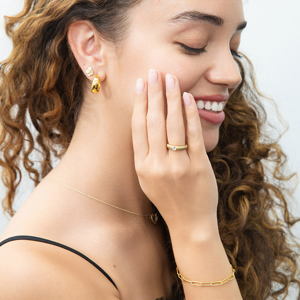 Model Wearing Dome Hoop Earrings, Rose Flower Stud Earrings, Solitaire Ring