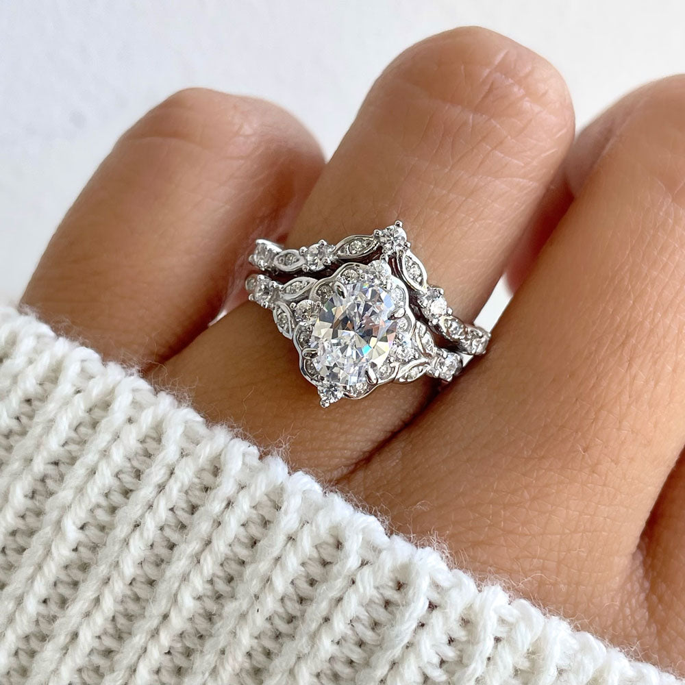 Chevron Halo CZ Ring Set in Sterling Silver