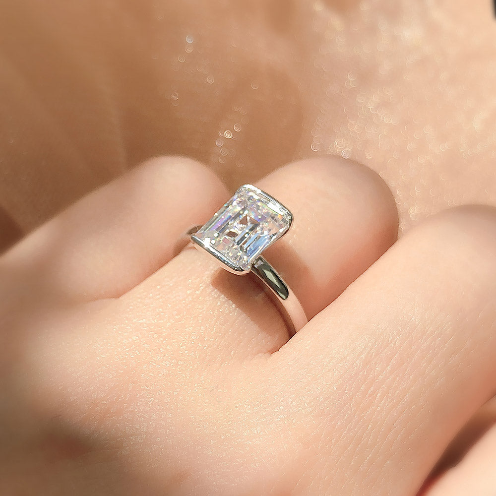 Solitaire 2.6ct Bezel Emerald Cut CZ Ring in Sterling Silver
