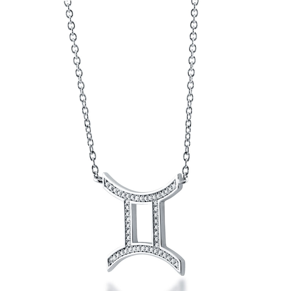 Front view of Zodiac CZ Pendant Necklace in Sterling Silver, Gemini