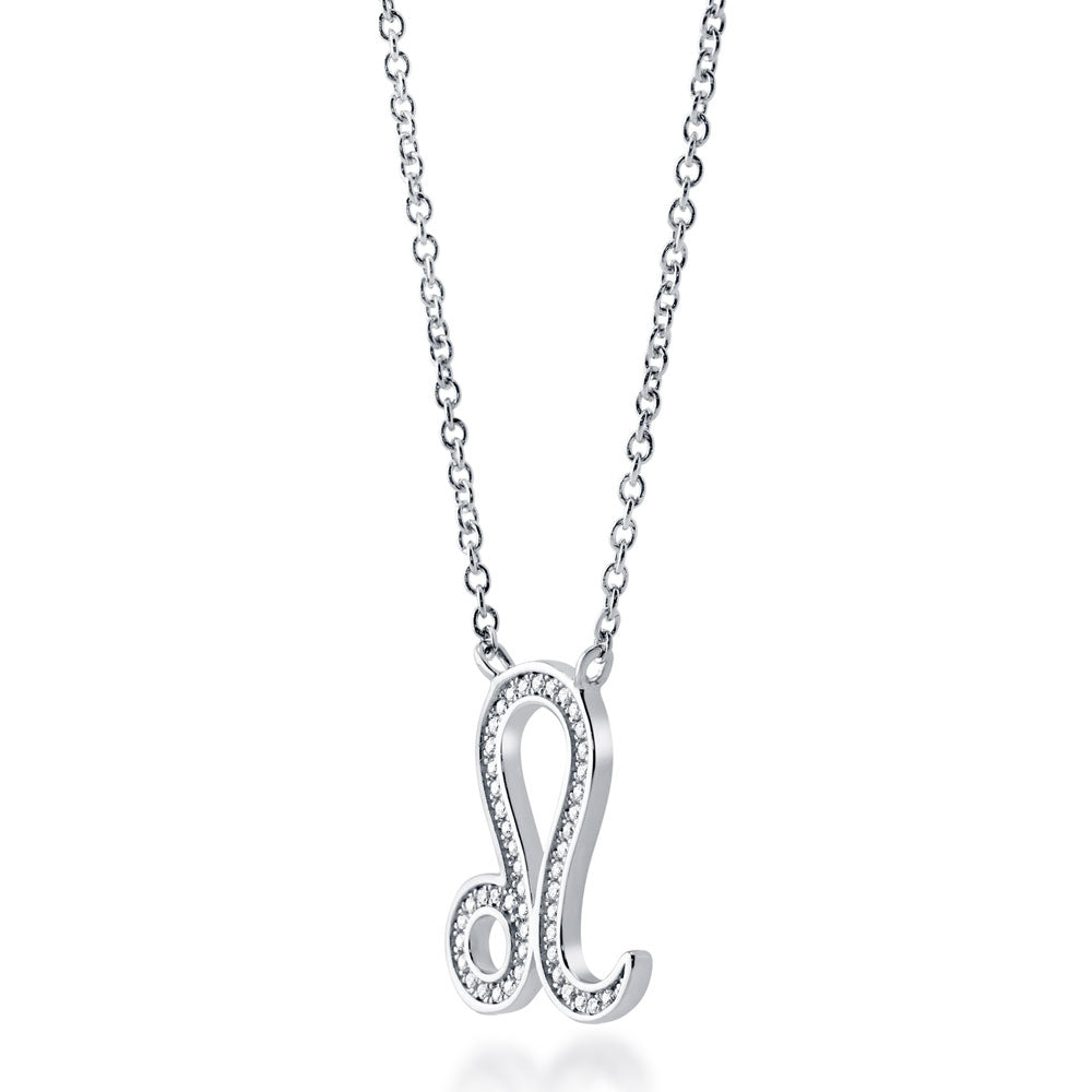 Front view of Zodiac CZ Pendant Necklace in Sterling Silver, Leo