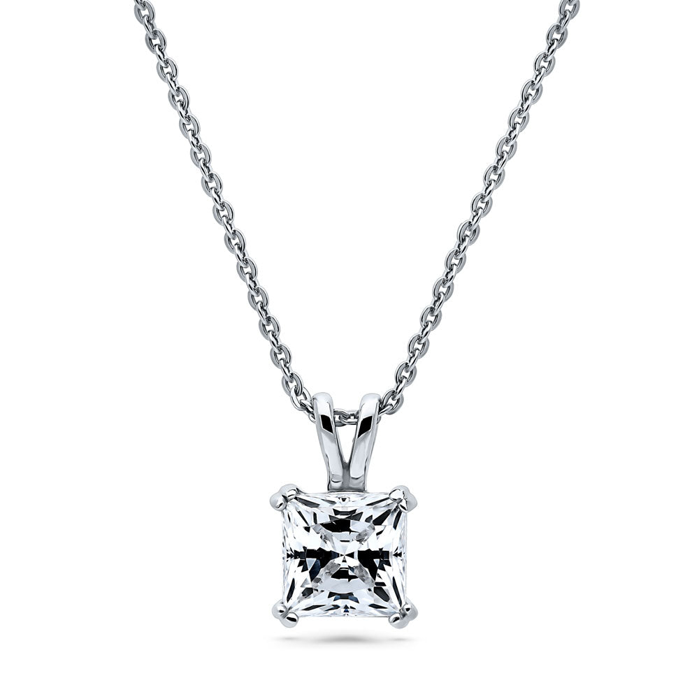 Solitaire CZ Necklace in Sterling Silver, Princess Cut / Clear
