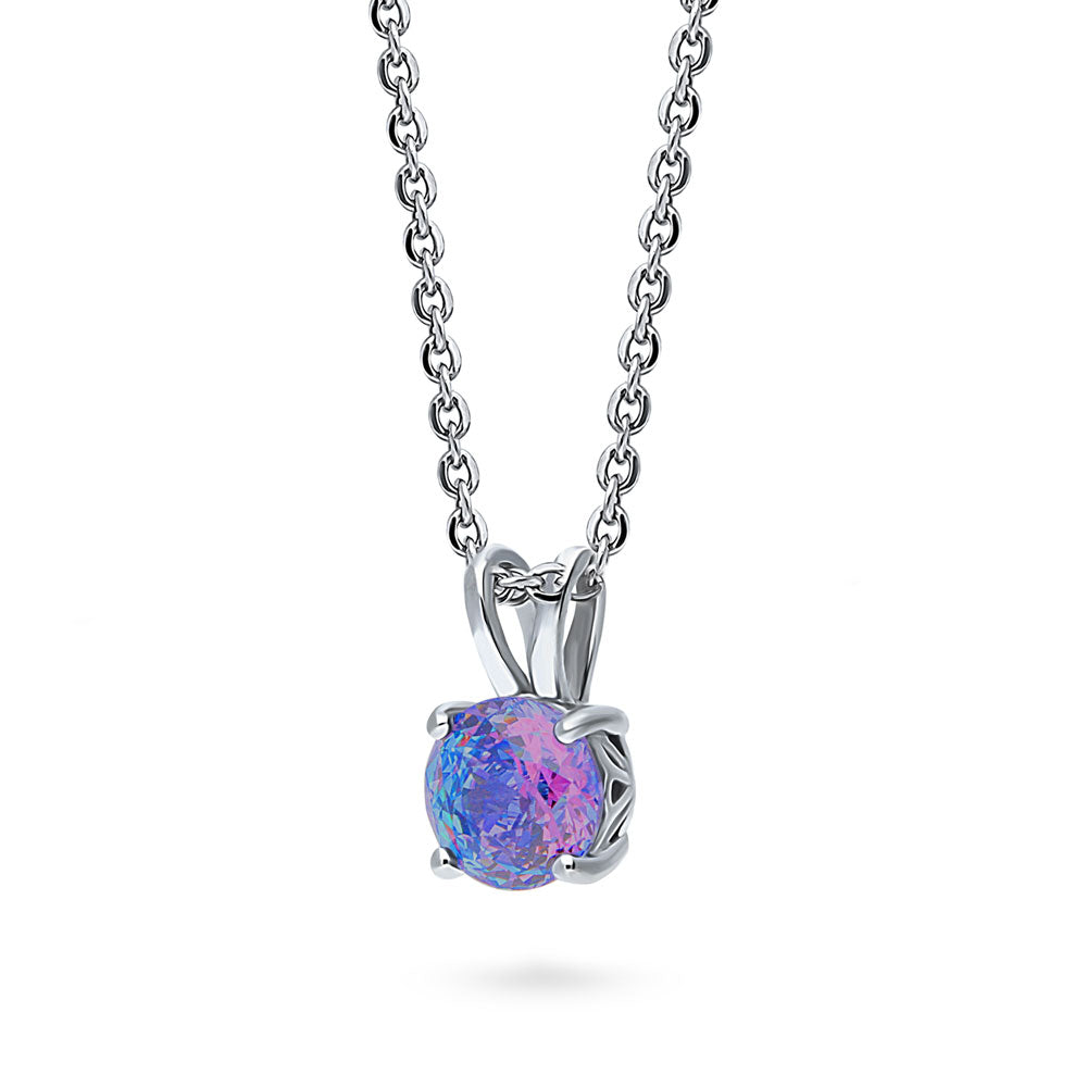 Front view of Kaleidoscope Solitaire 0.8ct CZ Necklace in Sterling Silver, Purple Aqua Color