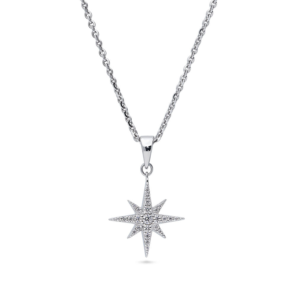 North Star CZ Necklace in Sterling Silver, Rhodium Plated