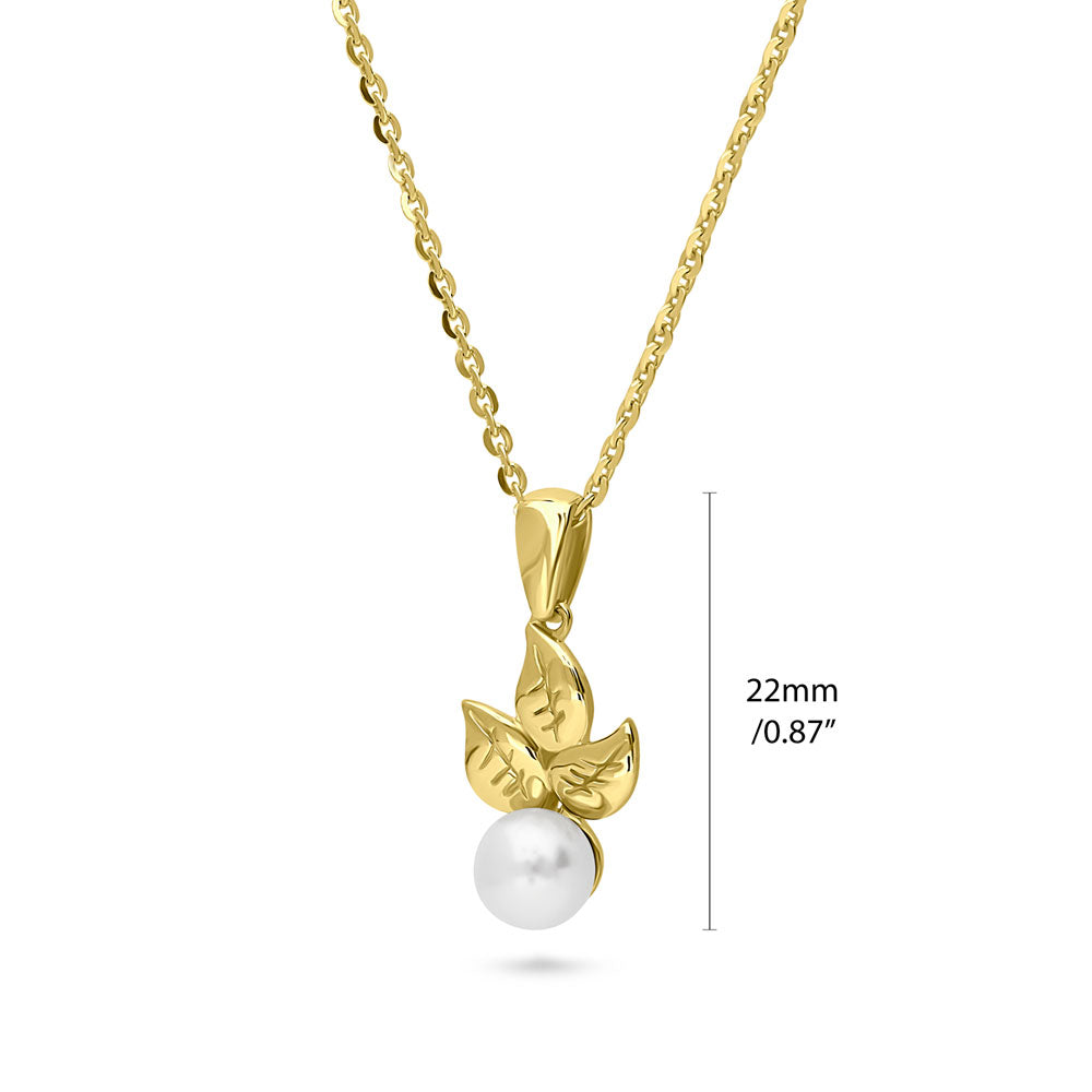 Front view of Leaf Imitation Pearl Pendant Necklace in Sterling Silver