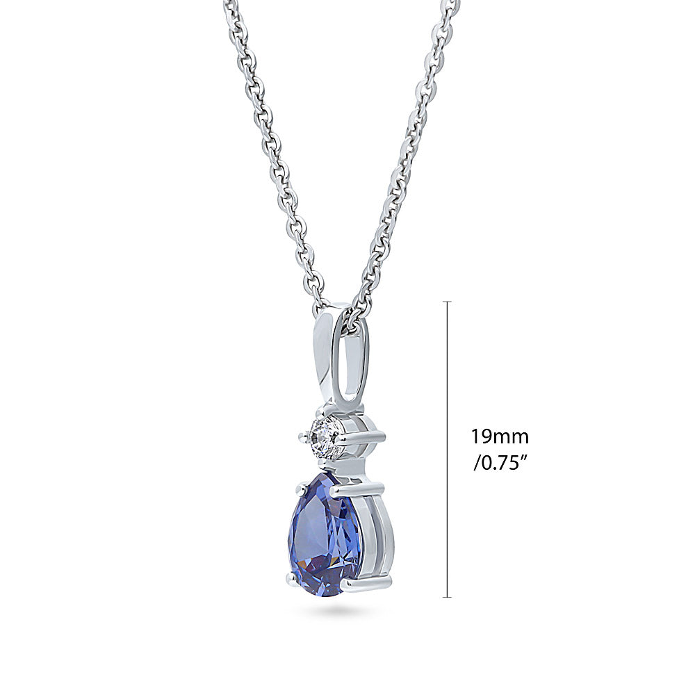 Front view of Solitaire 1ct Pear CZ Necklace in Sterling Silver, Tanzanite Color